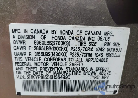 2006 Honda Pilot Ex-L from USA, damaged, VIN 2HKYF18556H564990